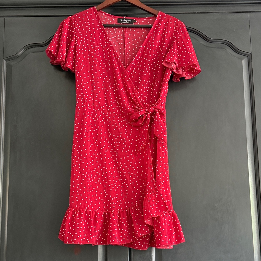 Elegant Red Polka Dot Wrap Mini Dress